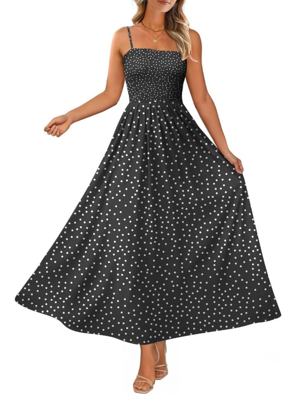 〽️Womens Polka Dot Spaghetti Strap Smocked Casual Boho Beach Long Maxi Dresses